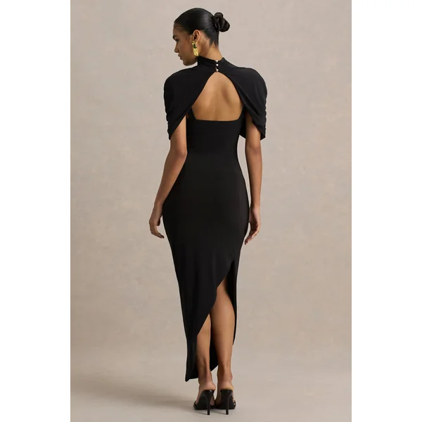 Enchant | Robe mi-longue noire asymétrique avec cape torsadée