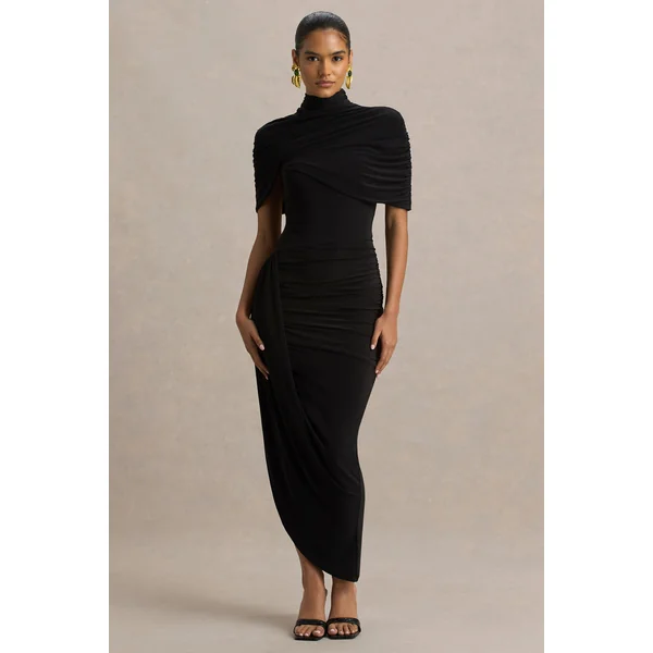 Enchant | Robe mi-longue noire asymétrique avec cape torsadée
