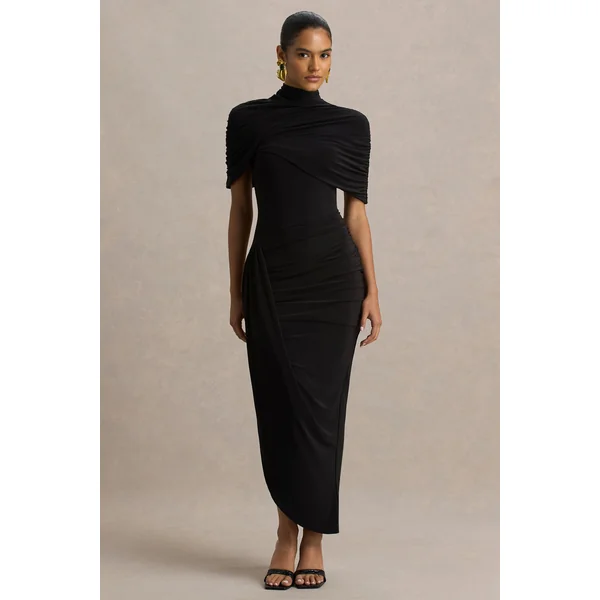 Enchant | Robe mi-longue noire asymétrique avec cape torsadée