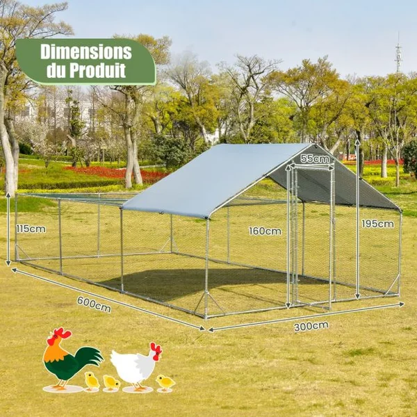 Enclos Poulailler 18 m² en Acier Galvanisé avec Porte et Toit en Tissu Oxford 6 x 3 x 1,95 M pour Lapin Poulet et Canard