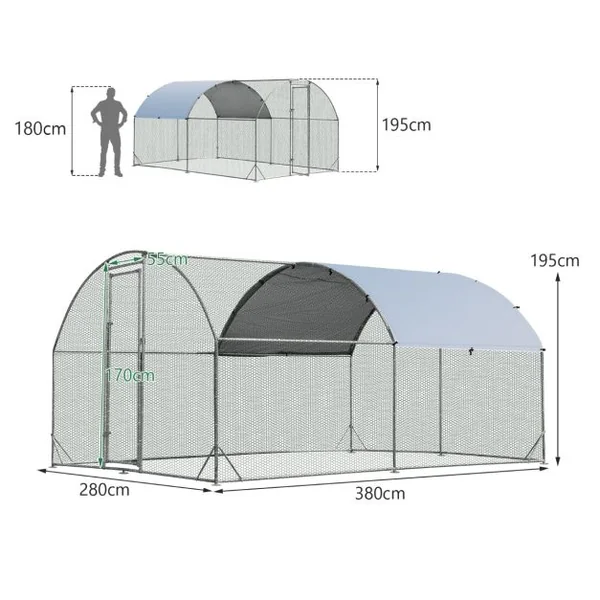 Enclos Poulailler en Métal Galvanisé 380x280CM avec Housse Supérieure en Tissu Oxford Parc Grillagé pour Poulet Canard Lapin