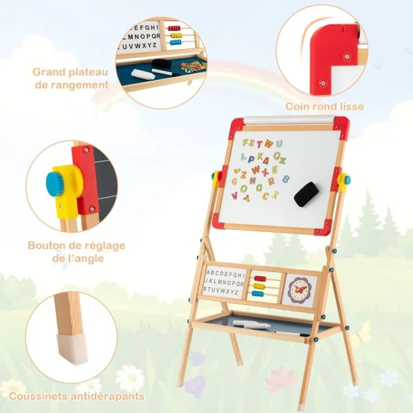 Enfant 6 en 1 en Bois 2 Face Rotatif : Tableau Noir et Tableau Blanc Aimanté avec Rouleau de Papier 3 Ans+