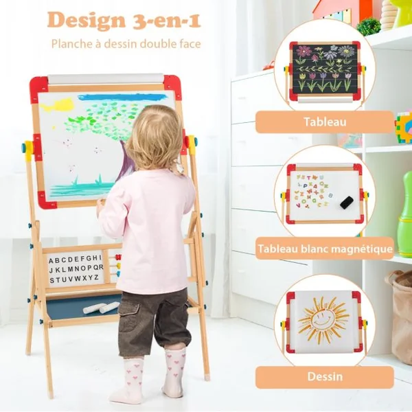 Enfant 6 en 1 en Bois 2 Face Rotatif : Tableau Noir et Tableau Blanc Aimanté avec Rouleau de Papier 3 Ans+