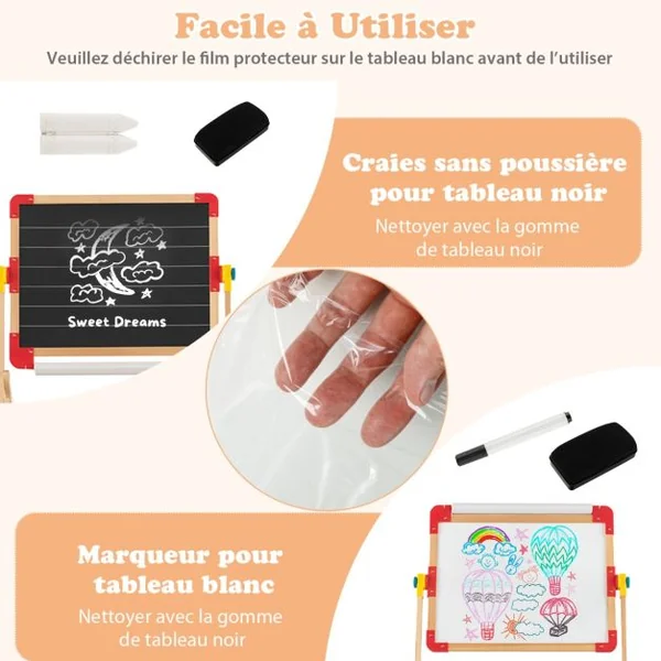 Enfant 6 en 1 en Bois 2 Face Rotatif : Tableau Noir et Tableau Blanc Aimanté avec Rouleau de Papier 3 Ans+