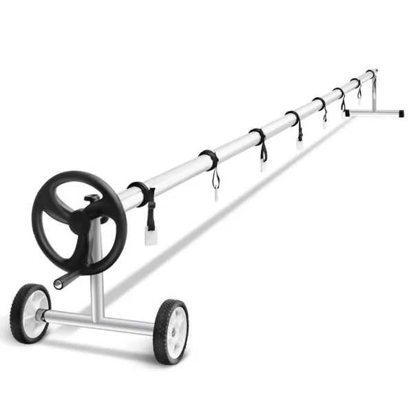 Enrouleur Bâche pour Piscine Extensible 1,65M-7M Moulinet Bâche pour Piscine à Bulle en Aluminium avec 8 Sangles 2 Roues