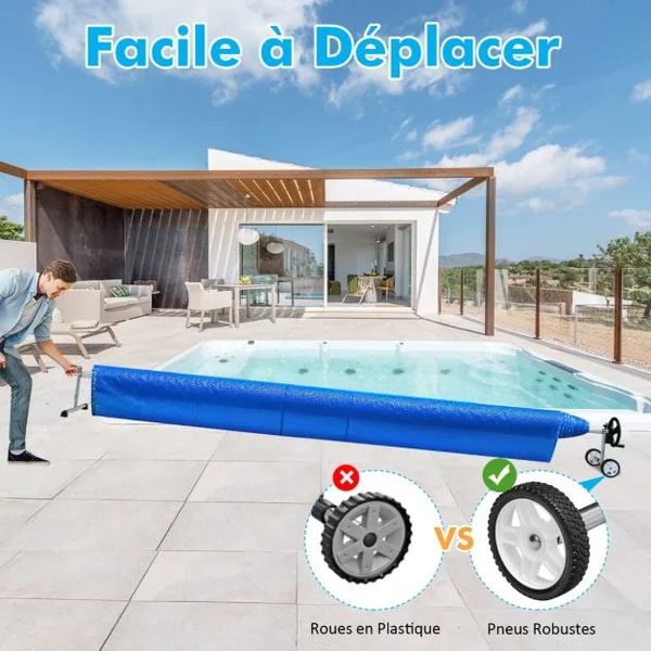 Enrouleur Bâche pour Piscine Extensible 1,65M-7M Moulinet Bâche pour Piscine à Bulle en Aluminium avec 8 Sangles 2 Roues