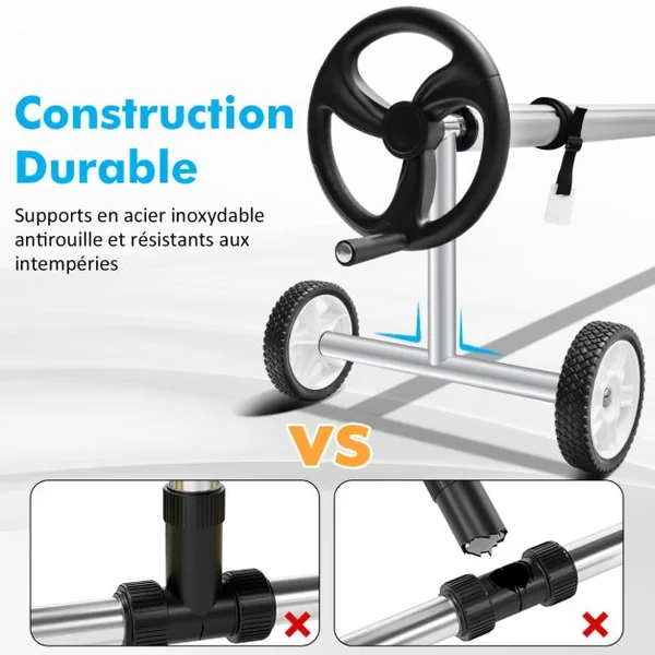 Enrouleur Bâche pour Piscine Extensible 1,65M-7M Moulinet Bâche pour Piscine à Bulle en Aluminium avec 8 Sangles 2 Roues