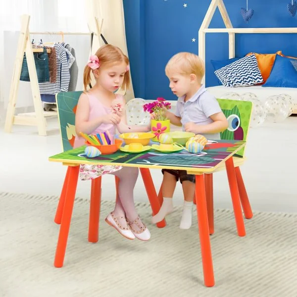 Ensemble 1 Table et 2 Chaises pour Enfants pour Dessiner en MDF Table 60x60x44cm, Chaise 26,8x26,8x50cm, Multicolore