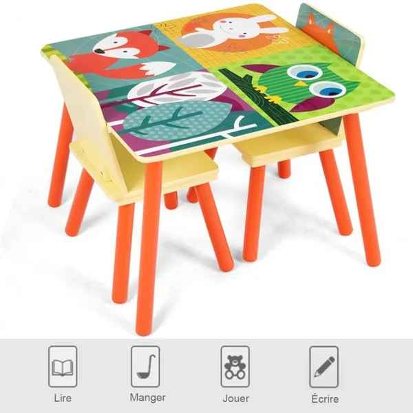 Ensemble 1 Table et 2 Chaises pour Enfants pour Dessiner en MDF Table 60x60x44cm, Chaise 26,8x26,8x50cm, Multicolore