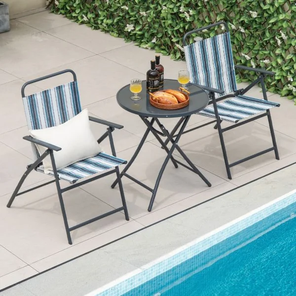Ensemble 3pcs Table et Chaises de Salle à Manger Pliantes en Métal Robuste Portable Extérieur Patio Bleu