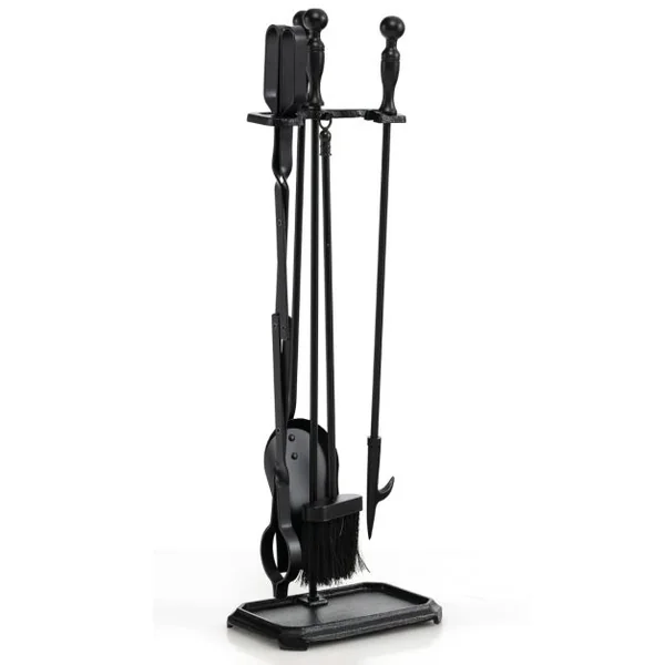 Ensemble 5 Pièces Serviteur de Cheminée avec Pince Brosse Pelle Tisonnier Support avec 4 Crochets en Fer Revêtement Noir