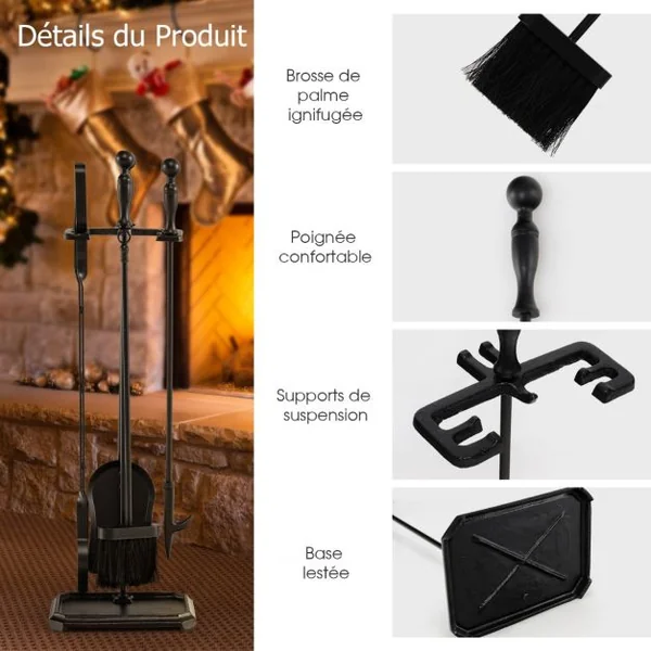 Ensemble 5 Pièces Serviteur de Cheminée avec Pince Brosse Pelle Tisonnier Support avec 4 Crochets en Fer Revêtement Noir