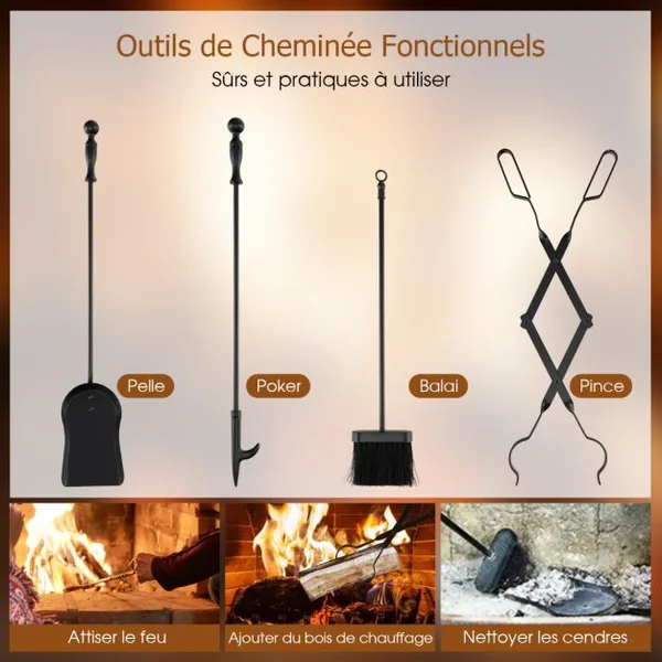 Ensemble 5 Pièces Serviteur de Cheminée avec Pince Brosse Pelle Tisonnier Support avec 4 Crochets en Fer Revêtement Noir