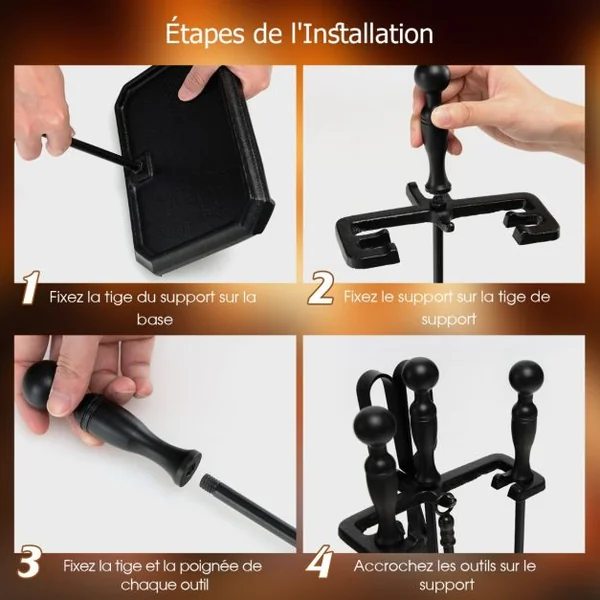 Ensemble 5 Pièces Serviteur de Cheminée avec Pince Brosse Pelle Tisonnier Support avec 4 Crochets en Fer Revêtement Noir