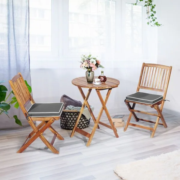 Ensemble Bistro Pliant en Bois d'Acacia 3 Pièces pour Patio Ensemble de Table et Chaises Extérieures avec Coussins Doux Gris/Naturel