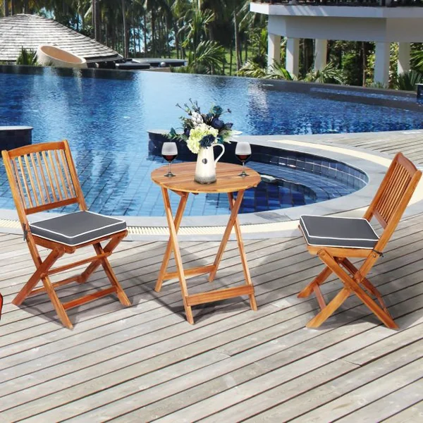 Ensemble Bistro Pliant en Bois d'Acacia 3 Pièces pour Patio Ensemble de Table et Chaises Extérieures avec Coussins Doux Gris/Naturel