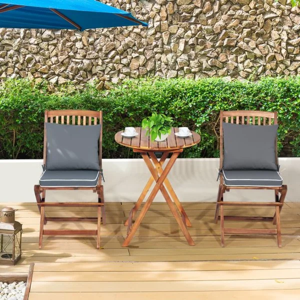 Ensemble Bistro Pliant en Bois d'Acacia 3 Pièces pour Patio Ensemble de Table et Chaises Extérieures avec Coussins Doux Gris/Naturel