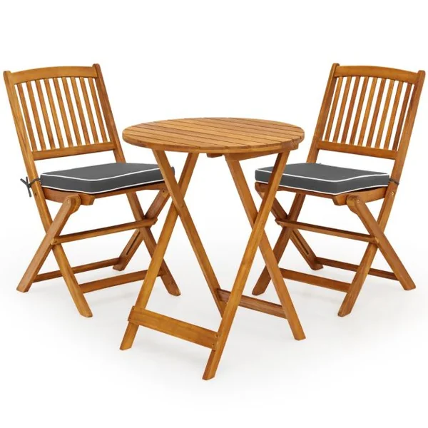 Ensemble Bistro Pliant en Bois d'Acacia 3 Pièces pour Patio Ensemble de Table et Chaises Extérieures avec Coussins Doux Gris/Naturel
