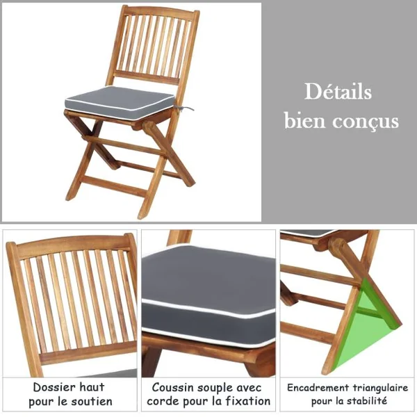 Ensemble Bistro Pliant en Bois d'Acacia 3 Pièces pour Patio Ensemble de Table et Chaises Extérieures avec Coussins Doux Gris/Naturel