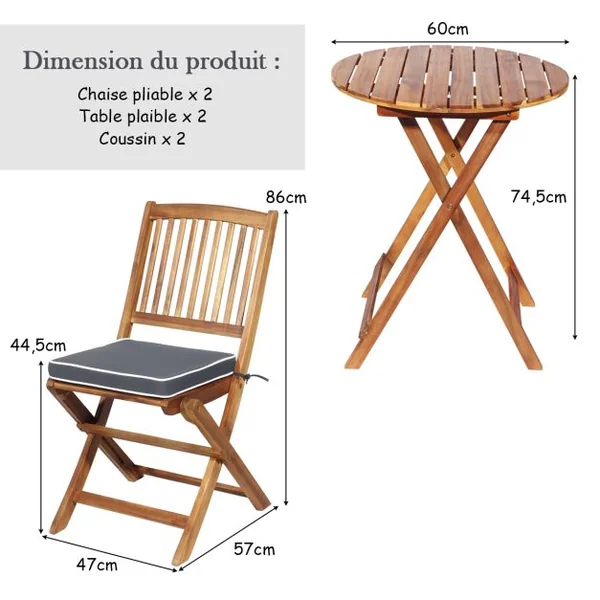 Ensemble Bistro Pliant en Bois d'Acacia 3 Pièces pour Patio Ensemble de Table et Chaises Extérieures avec Coussins Doux Gris/Naturel
