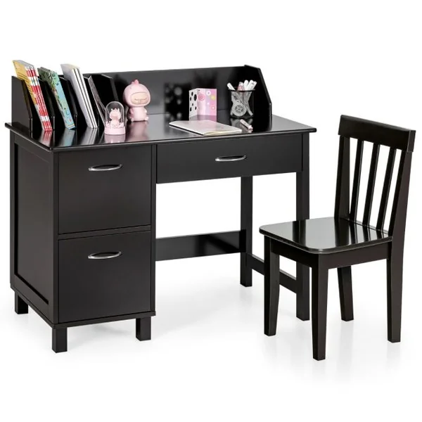 Ensemble Bureau et Chaise pour Enfants avec Niche Tiroir et Placards de Rangement pour Chambre et Salle d'Étude Marron