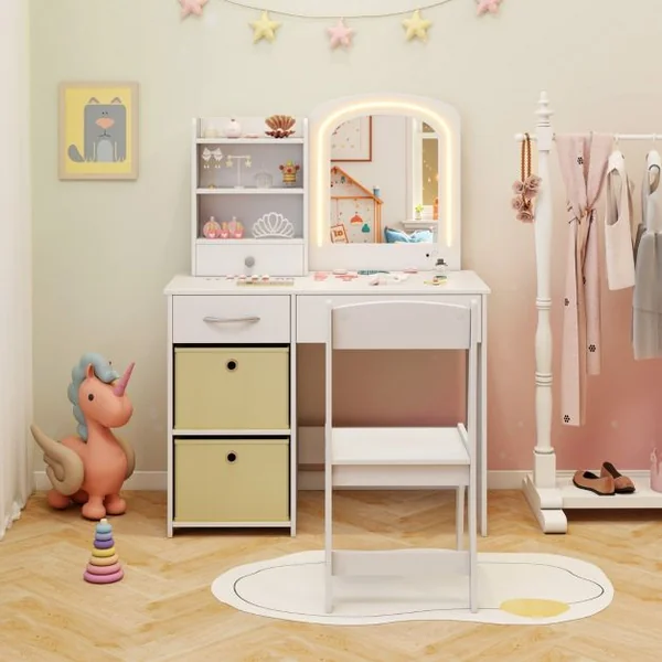 Ensemble Coiffeuse pour Enfants avec Miroir Lumineux Table de Maquillage Princesse avec Miroir et Lumières Étagères Ouvertes Blanc
