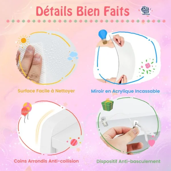 Ensemble Coiffeuse pour Enfants avec Miroir Lumineux Table de Maquillage Princesse avec Miroir et Lumières Étagères Ouvertes Blanc