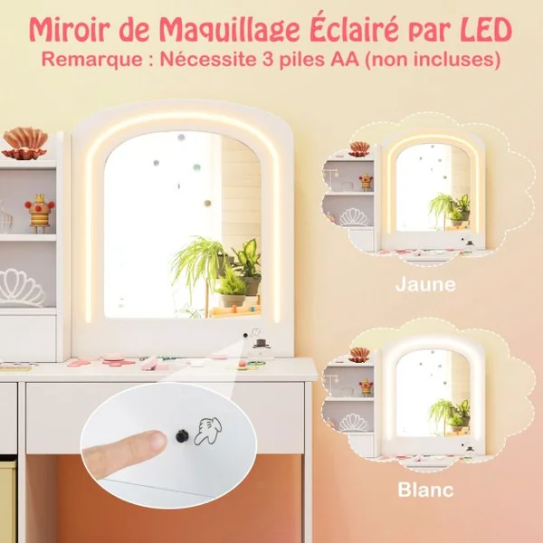Ensemble Coiffeuse pour Enfants avec Miroir Lumineux Table de Maquillage Princesse avec Miroir et Lumières Étagères Ouvertes Blanc