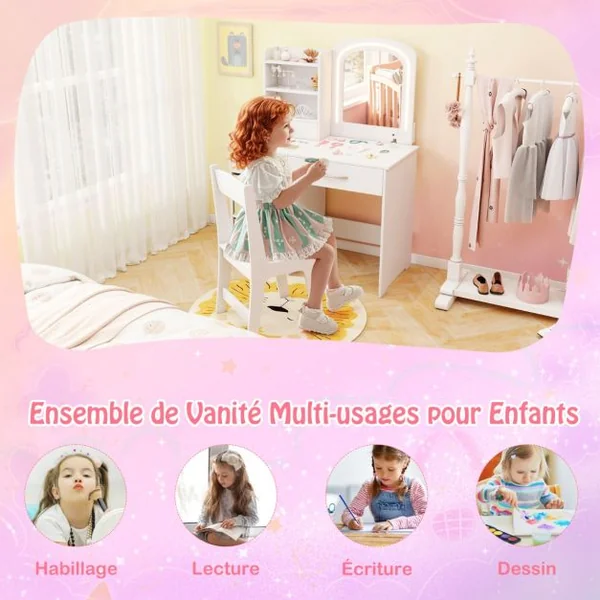 Ensemble Coiffeuse pour Enfants avec Miroir Lumineux Table de Maquillage Princesse avec Miroir et Lumières Étagères Ouvertes Blanc