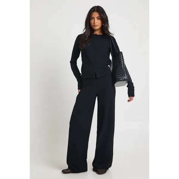 Ensemble Coordonné Haut Manches Longues Côtelé Boutonné Et Pantalon Large Pour Grandes Tailles