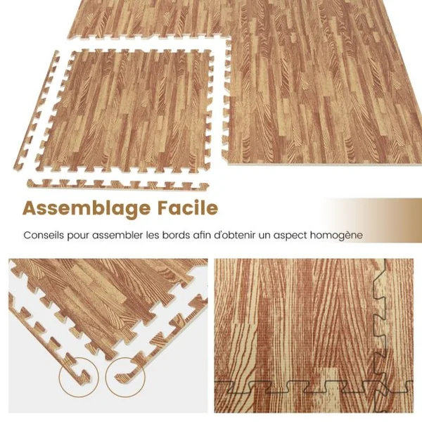 Ensemble de 12 Tapis 4,5 m2 en mousse EVA Motifs de Grain de Bois pour de Gym Sport Tapis Puzzle Fitness 61 x 61 CM