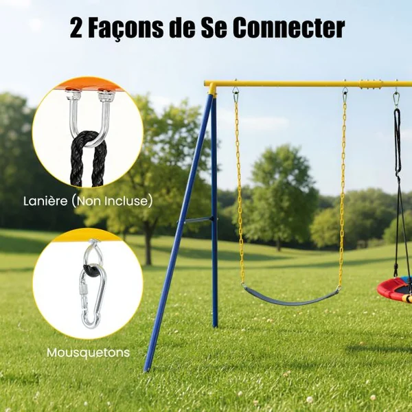 Ensemble de 2 Balançoires et Support en Métal en Forme A Stable Charge 150 kg pour Enfants 3 Ans+