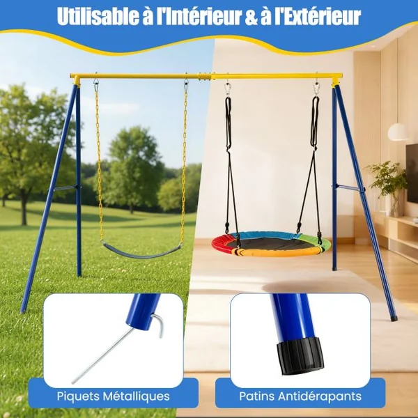 Ensemble de 2 Balançoires et Support en Métal en Forme A Stable Charge 150 kg pour Enfants 3 Ans+