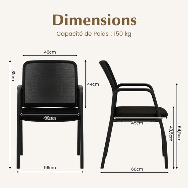 Ensemble de 2 Chaises de Salle d'Attente Dossier Ergonomique en Maille Accoudoirs Robustes et Siège Rembourré Chaises en Maille Noir