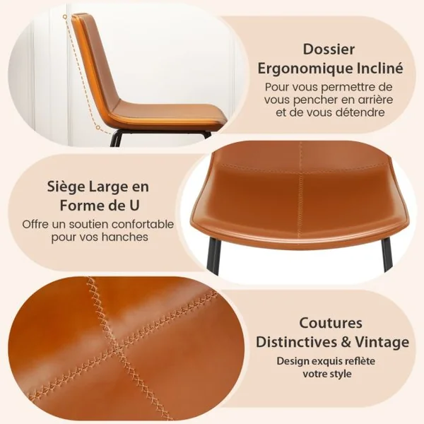 Ensemble de 2 Chaises de Salle à Manger Chaises de Cuisine avec Revêtement en Similicuir et Pieds Métalliques sans Accoudoirs Marron