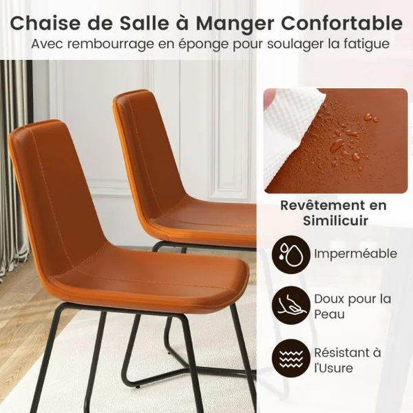 Ensemble de 2 Chaises de Salle à Manger Chaises de Cuisine avec Revêtement en Similicuir et Pieds Métalliques sans Accoudoirs Marron