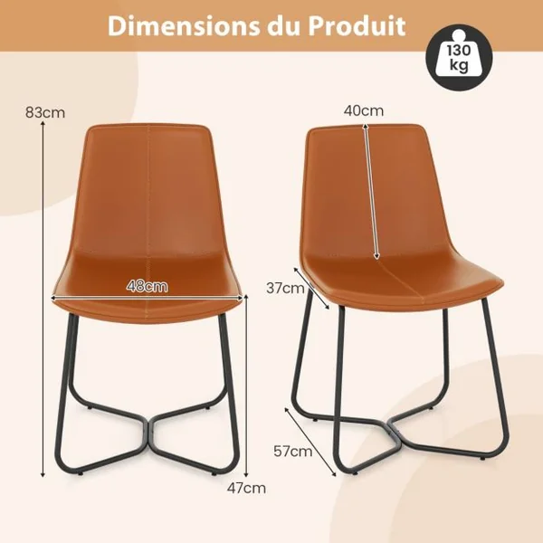 Ensemble de 2 Chaises de Salle à Manger Chaises de Cuisine avec Revêtement en Similicuir et Pieds Métalliques sans Accoudoirs Marron
