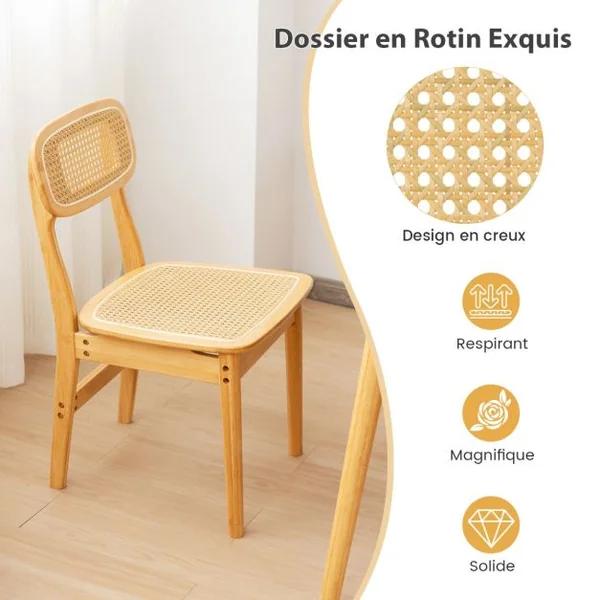 Ensemble de 2 Chaises de Salle à Manger en Rotin Chaises de Cuisine avec Dossier en Rotin Simulé et Cadre en Bois Style Mid- Siècle Naturel