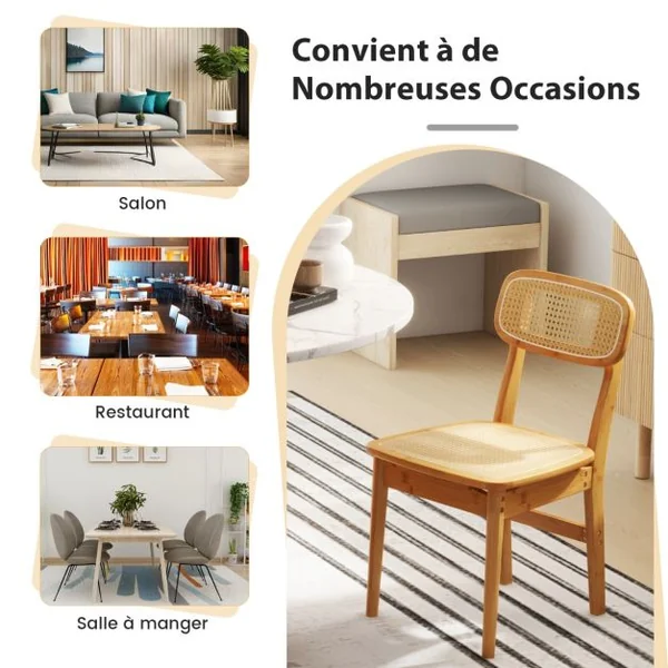 Ensemble de 2 Chaises de Salle à Manger en Rotin Chaises de Cuisine avec Dossier en Rotin Simulé et Cadre en Bois Style Mid- Siècle Naturel