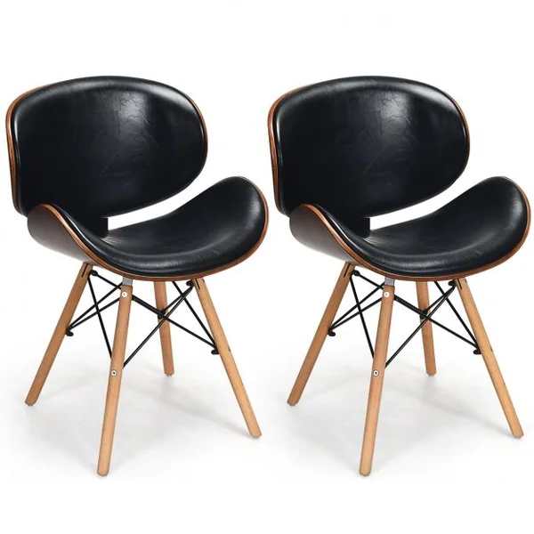 Ensemble de 2 Chaises de Salle à Manger Incurvées en Bois Cuir Pu Éponge Plastique 515x41x77cm Noir et Noyer