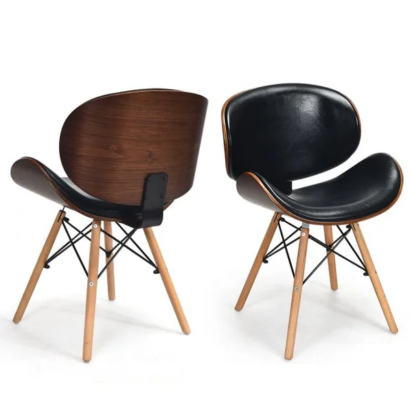 Ensemble de 2 Chaises de Salle à Manger Incurvées en Bois Cuir Pu Éponge Plastique 515x41x77cm Noir et Noyer