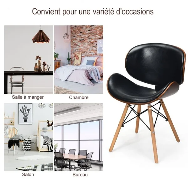 Ensemble de 2 Chaises de Salle à Manger Incurvées en Bois Cuir Pu Éponge Plastique 515x41x77cm Noir et Noyer