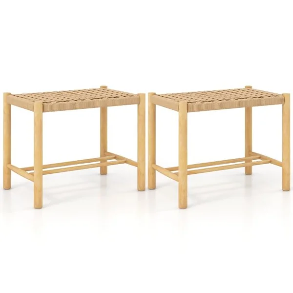Ensemble de 2 Tabourets de Bar de 45 cm Cadre en Bois de Caoutchouc et Siège en Papier Tissé Tabouret sans Dossier Naturel