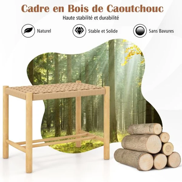 Ensemble de 2 Tabourets de Bar de 45 cm Cadre en Bois de Caoutchouc et Siège en Papier Tissé Tabouret sans Dossier Naturel