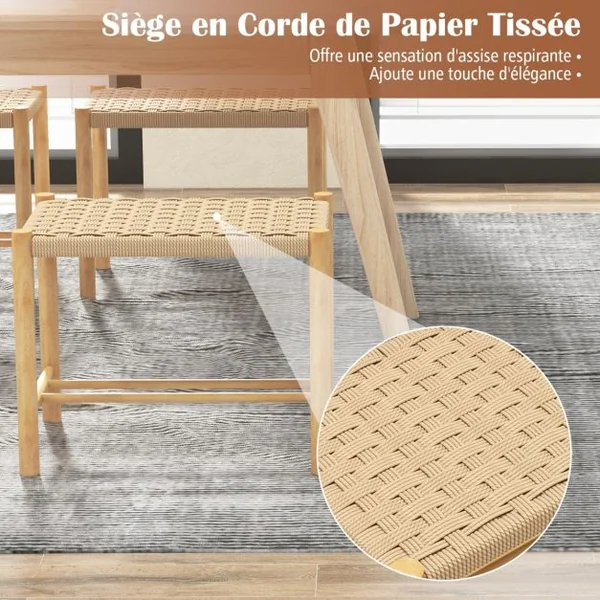 Ensemble de 2 Tabourets de Bar de 45 cm Cadre en Bois de Caoutchouc et Siège en Papier Tissé Tabouret sans Dossier Naturel
