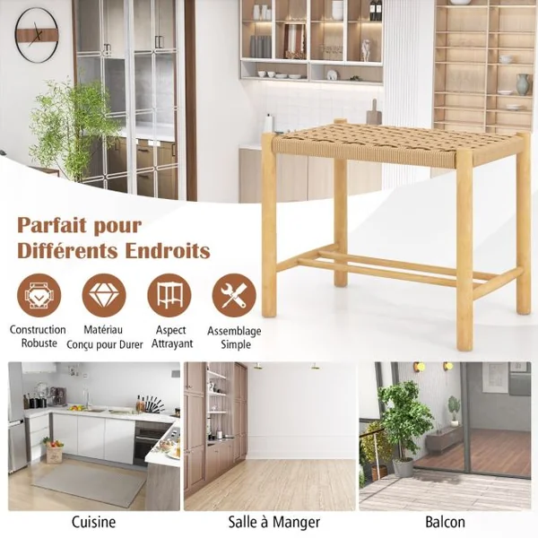 Ensemble de 2 Tabourets de Bar de 45 cm Cadre en Bois de Caoutchouc et Siège en Papier Tissé Tabouret sans Dossier Naturel