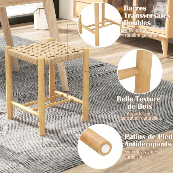 Ensemble de 2 Tabourets de Bar de 45 cm Cadre en Bois de Caoutchouc et Siège en Papier Tissé Tabouret sans Dossier Rustique Naturel