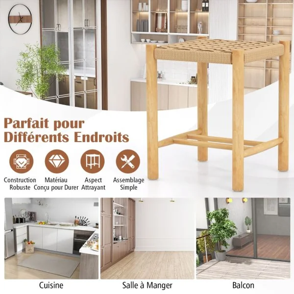 Ensemble de 2 Tabourets de Bar de 45 cm Cadre en Bois de Caoutchouc et Siège en Papier Tissé Tabouret sans Dossier Rustique Naturel