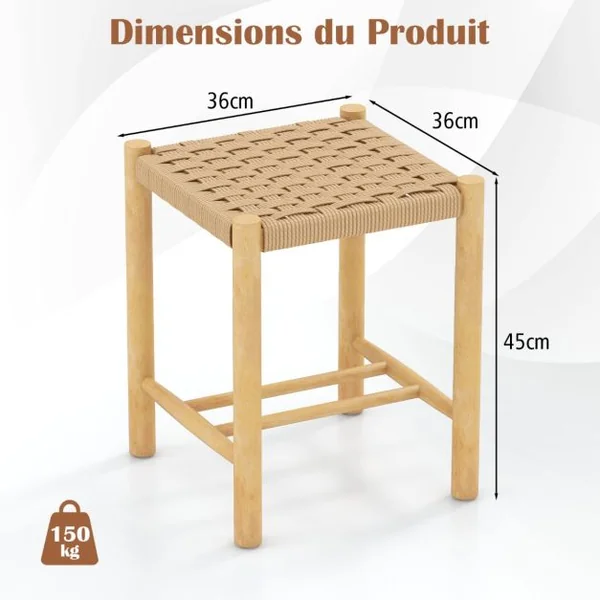 Ensemble de 2 Tabourets de Bar de 45 cm Cadre en Bois de Caoutchouc et Siège en Papier Tissé Tabouret sans Dossier Rustique Naturel