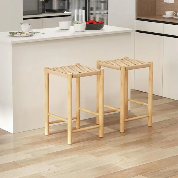 Ensemble de 2 Tabourets de Bar de 65 cm Cadre en Bois de Caoutchouc et Siège en Papier Tissé Tabouret de Bar Rustique de Hauteur Comptoir Siège Confortable Naturel